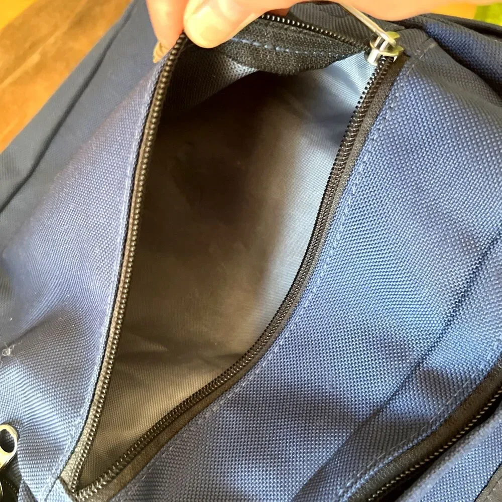 Vintage 1990s Classic Jansport Navy Backpack Leather Bottom Bag Made in USA - Picture 3 of 10